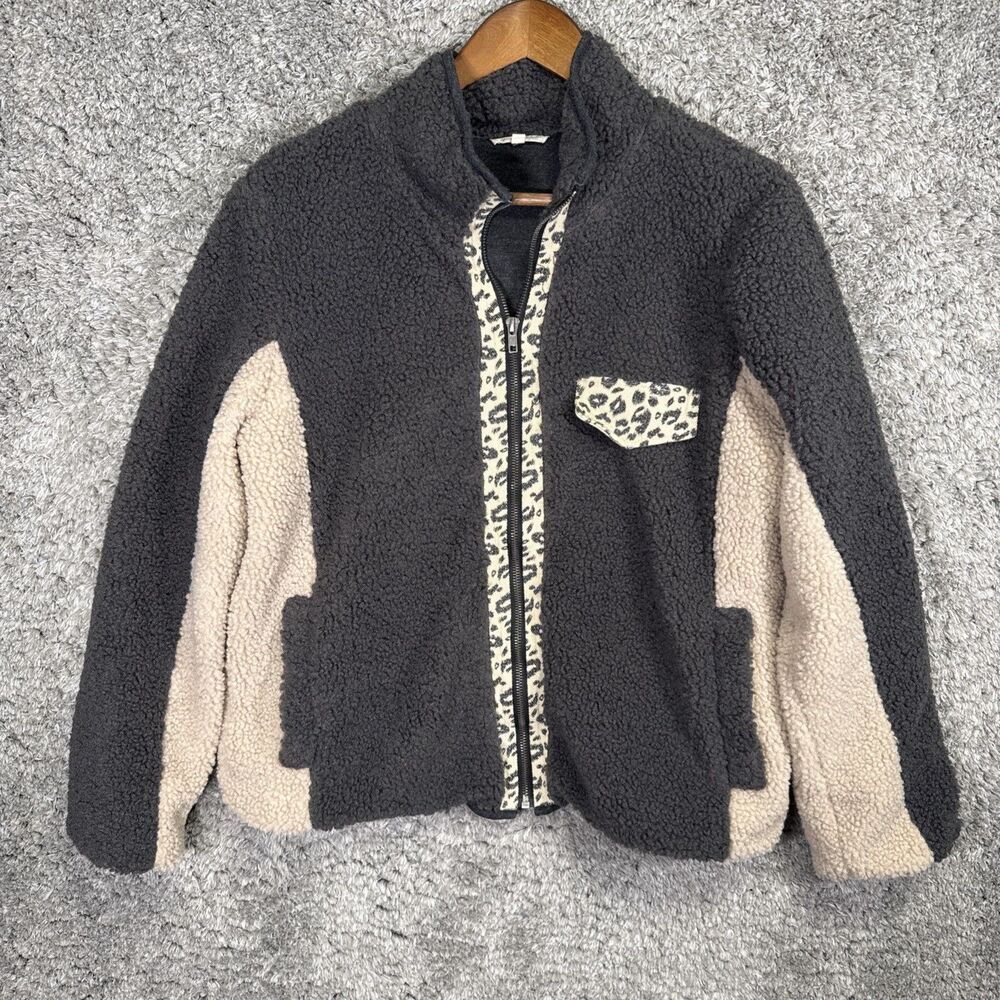 Mystree Women’s Teddy Fleece Zip Up Jacket Colorblock Medium Leopard Neutral